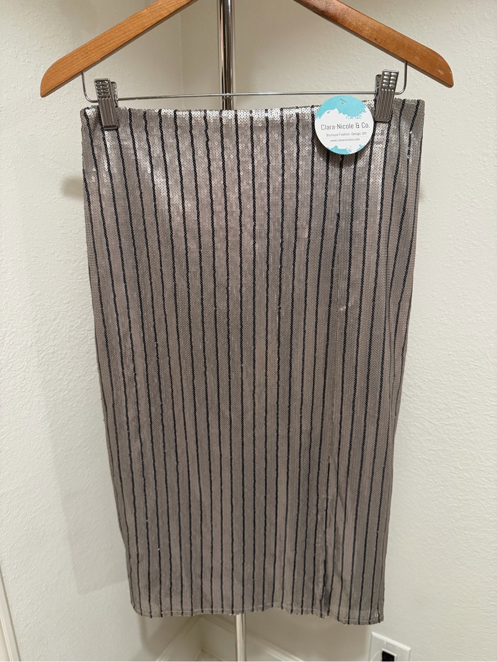 L&B Silver Sequin Pencil Skirt with Black Pinstripes